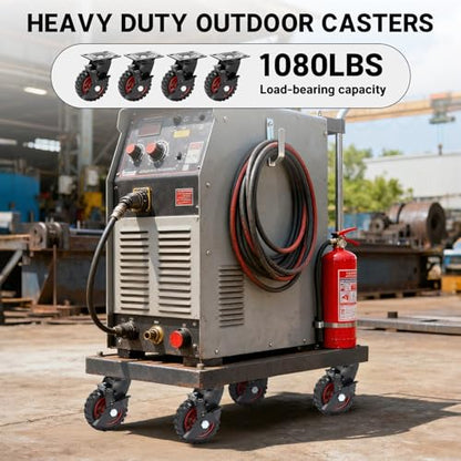 5 Inch Outdoor Heavy Duty Casters Wheels Set of 4, Sturdy Large Rubber Casters with Brake, Industrial Grade Plate Swivel Castors 1080 LBS with Knobby Tread for Workbench, Cart, Chicken Coop - size: 5 IN