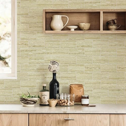Vamos Tile 100 Pieces Peel and Stick Backsplash Tile, 3" x 6" Subway Tile - color: Beige mix off White Travertine