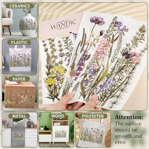 WANDIC 3 Sheets Rub On Transfer Stickers, Wild Flowers and Plants Pattern Waterproof Decals Furniture Craft Embellishments for DIY Scrapbooking Photo Albums,15 * 30cm - color: Wild Flower