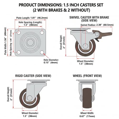 WANLIAN 1.5 Inch Plate Caster Wheels, Low Profile Swivel Casters Set of 4 - size: 1.5 Inch