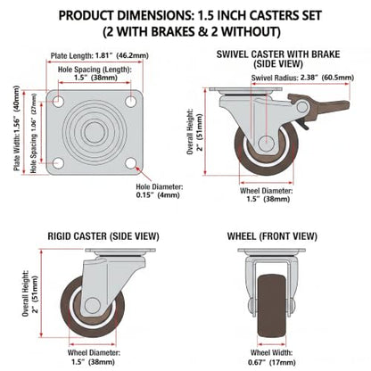 WANLIAN 1.5 Inch Plate Caster Wheels, Low Profile Swivel Casters Set of 4 - size: 1.5 Inch