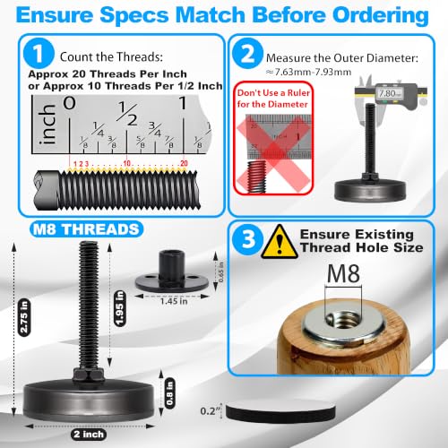 M8 Heavy Duty Leveling Feet 4Pk, 2" Wide Base, Raise 0.8" to 2.25" - size: M8 x 1.25 - Raise 0.8" to 2.25"