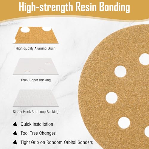 500 Pcs 5 Inch 8 Hole Sanding Discs, 60/80/120/220/320, Yellow - color: Yellow, size: 60/80/120/220/320