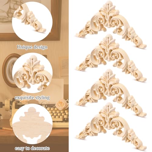 5 Pcs Wood Appliques Onlays for Furniture, Decorative Wooden Carved Unpainted Decals Wood Flowers Trim Embellishments for Bed Door Cabinet Wardrobe Wall Cupboard(Delicate Style)