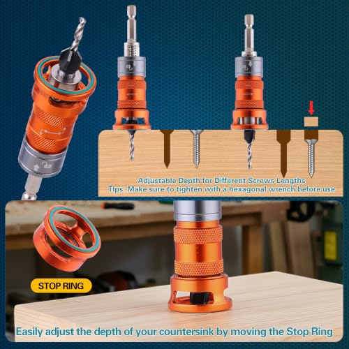 Countersink Drill Bit Set, 5 Wood Sizes with Adjustable Depth Stop