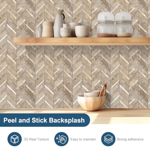 Yipscazo 10-Sheet Herringbone Backsplash Peel and Stick Tile, Beige Stone Mixed Metal Gold PVC Stick on Backsplash for Kitchen, Waterproof Self Adhesive Wall Tile for Bathroom - color: Beige Stone Mixed Metal Gold