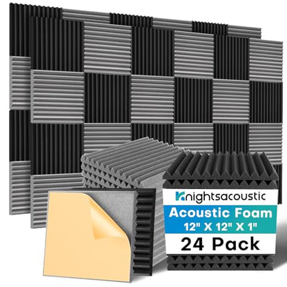 Knightsacoustic 24 Pack Sound Proof Foam Panels with Self Adhesive, 12x12x1 Fire Resistant Acoustic Foam Panels, High Density Acoustic Panels Sound Absorbing, Studio Noise Cancelling Black Grey - size: 24Packs Grey+Black With Adhesive
