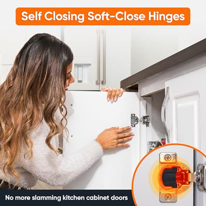 Decobasics 50 Pack Soft Close Cabinet Hinges – 1" Overlay for Kitchen Cabinet Doors, Face Frame Concealed Hidden Hinges – Stainless Steel, Self-Closing with 3-Way Adjustment & Slow Close Damper - size: 1 Inch