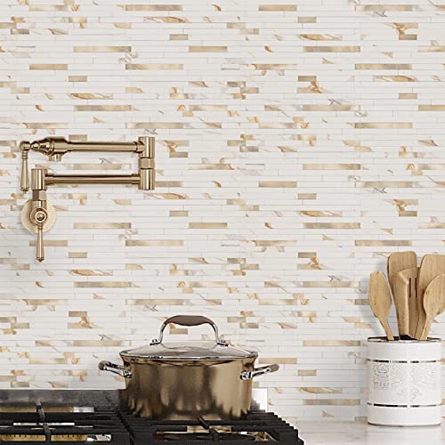 STICKGOO 20 Sheets Peel and Stick Backsplash Tile, Stick on Backsplash for Kitchen and Bathroom, Calacatta Gold Marble Look PVC Mixed Gold Self Adhesive Wall Tiles - color: Calacatta Gold + Metal Gold