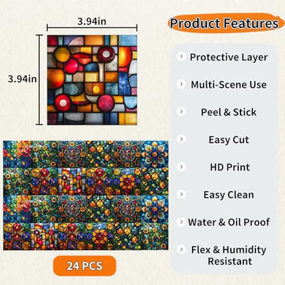 24Pcs Mexican Style PVC Peel and Stick Tile Stickers - color: Style D, size: 4x4 Inch