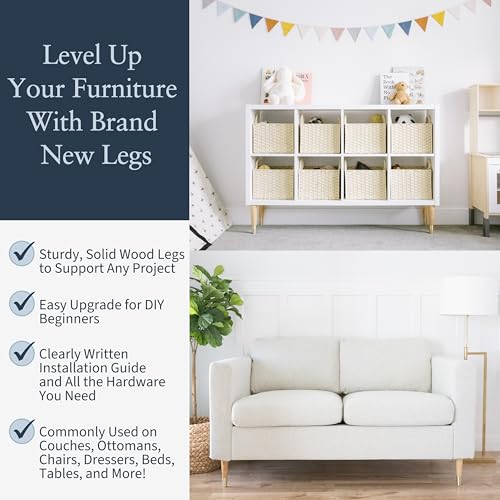 Airy Abode Premium Ash Wood Furniture Legs with Gold Caps (Full Install Kit) - Pick Your Size and Color - color: Ash / Gold, size: 6 Inches