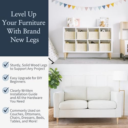 Airy Abode Premium Ash Wood Furniture Legs with Gold Caps (Full Install Kit) - Pick Your Size and Color - color: Ash / Gold, size: 6 Inches