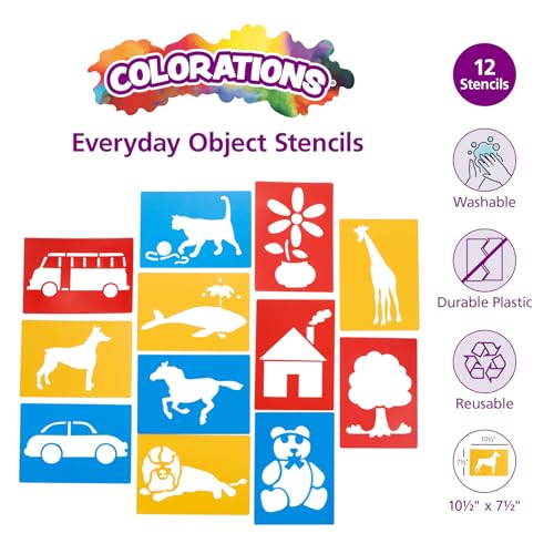 Colorations Large Washable Plastic Everyday Objects Stencils - Set of 12 - style: XL Stencils 12PK
