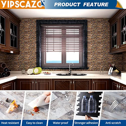 Yipscazo Peel and Stick Stone Metal Backsplash, Stick on Tiles for Backsplash Kitchen (Brown Stone Rock, 5-Pack) - color: Brown Stone Rock