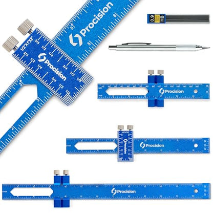 ELEON Procision Woodworking Ruler, Set of 3 (12, 8, 6 Inch) - Precision Woodworking Pocket Tool with Extra Wide 2" Sliding Attachment - Slide T-Square Scribing Kit Plus Mechanical Pencil - Aluminium