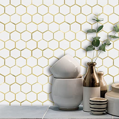 DICOFUN 1 Sheet Hexagon Peel and Stick Backsplash Tile, Polished Marble Look Mixed Light Gold Kitchen Backsplash Peel and Stick Wall Tiles - color: White Tile + Light Gold Metal Frame, size: 1 Sheet, 12''x12''x0.12''
