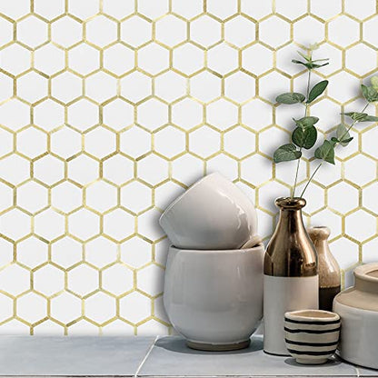 DICOFUN 1 Sheet Hexagon Peel and Stick Backsplash Tile, Polished Marble Look Mixed Light Gold Kitchen Backsplash Peel and Stick Wall Tiles - color: White Tile + Light Gold Metal Frame, size: 1 Sheet, 12''x12''x0.12''