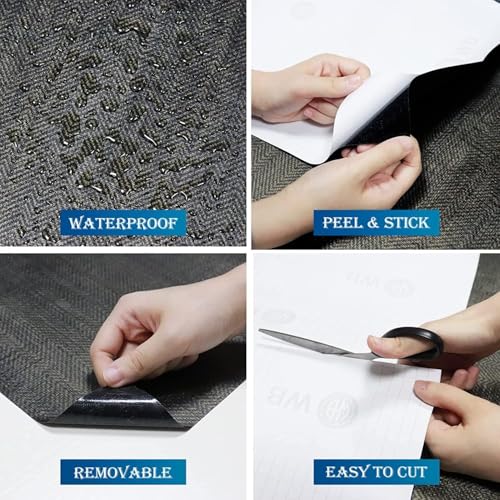 FunStick 15.8"x240" Black and Gold Grasscloth Wallpaper Self Adhesive Fabric Peel and Stick Wallpaper Geometric Wallpaper Removable Modern Herringbone Contact Paper for Bedroom Cabinets Desk Shelves - size: 15.8" x 240"