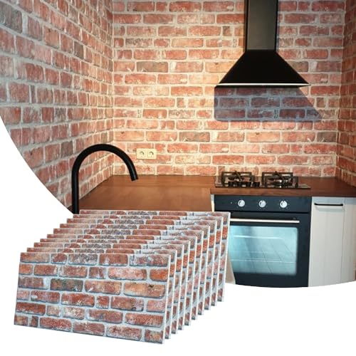 Dundee Deco 3D Wall Panels Faux Brick - Cladding, Red Brown Stone Look Wall Paneling, Styrofoam Facing for Living Room, Kitchen, Bathroom, Balcony, Bedroom, Set of 10, Covers 53 sq ft - color: Red, Brown