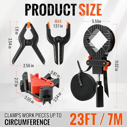 Feekoon 23FT Woodworking Frame Clamp Strap Set, 6 PCS Corner Clamping Kit Include 2 Frame Strap Clamps, 2 Corner Clamps & 2 Spring Clamp for Picture Frames, Cabinets, Drawers