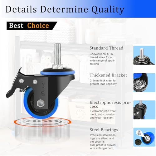 2 inch Caster Wheels 5/16 Threaded Stem Casters Set of 4 Heavy Duty - color: blue, size: 2in (5/16"-18)