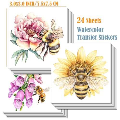 ZMRU 24 Sheets of Watercolor Style Rub on Transfers for Crafts - Perfect for Glass, Porcelain, Leather, Canvas, and Fabric Projects - IOD Transfers Included,3 * 3inch (Bee Flower) - style: Bee Flower