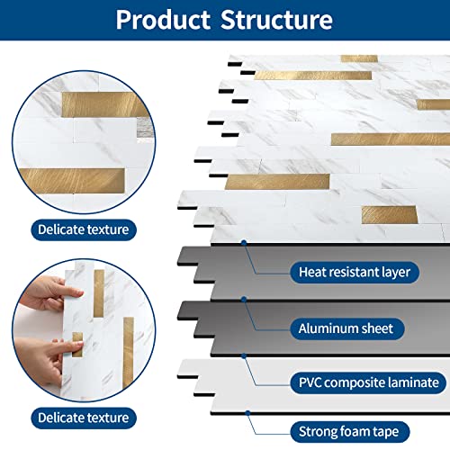 Yipscazo 5 Sheets Peel and Stick Stone Metal Tile Backsplash, Stick on Tiles for Backsplash Kitchen, Bathroom, Laundry Room, Camper, Fireplace (12'' X 12'', White Stone with Gold) - color: White Stone with Gold