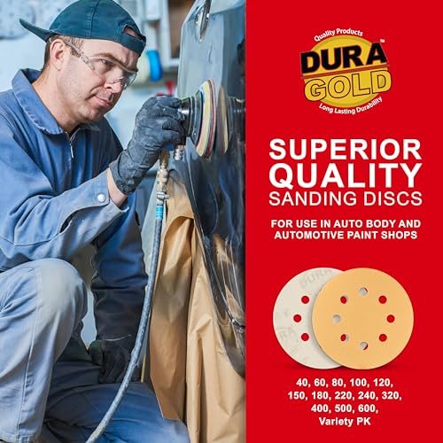 Dura-Gold 5" Gold Sanding Discs, 320 Grit, Box of 50, 8 Hole Pattern, H & L - size: 320-Grit - Gold