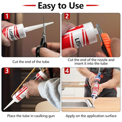 LISRUX Supreme Silicone Caulk for Kitchen & Bathroom, White, 10 fl oz Cartridge, 1 Pack - 100% Waterproof Silicone Sealant, Stronger Adhesion, Shrink & Crack Proof - size: 1P