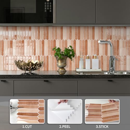 10 Sheet Long Hexagon Peel and Stick Backsplash Tile, 12"x12" 3D Adhesive Glossy Marble Vinyl Stick on Wall Tiles for Bathroom, Kitchen, Living Room (Beige, 12" x 12") - color: Beige