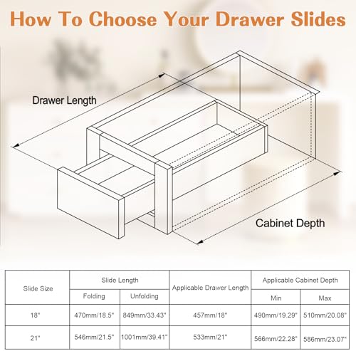 Probrico 1 Pair 21 Inch Undermount Drawer Slides, Full Extension Concealed Drawer Runners Soft Close Bottom Mount Drawer Slides with Rear Mounting Brackets Locking Devices - size: 21 Inch