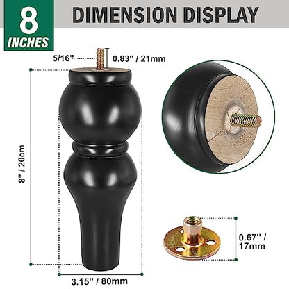 FoDau770 Rubber Wood Furniture Legs 8 Inch, Black Couch Legs, 4pcs - color: Black, size: 8 Inch