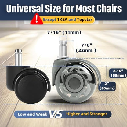 Office Chair Wheels 2" Desk Chair Caster Wheels Smooth Roller Style Quiet for Carpet and Hardwood Floors Universal Fit 11x22 mm Set of 5 Light Grey - color: Light Grey-Roller-2 Inch