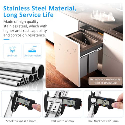 Stainless Steel Drawer Slides Ball Bearing 3 Folds Full Extension Side Mount Cabinet Runners Glides Rails Track 100 Lbs Load 10 12 14 16 18 20 22 24 Inch (Silver-Stainless Steel- 1 Pr, 10inch) - color: Silver-Stainless Steel, size: 10 Inch