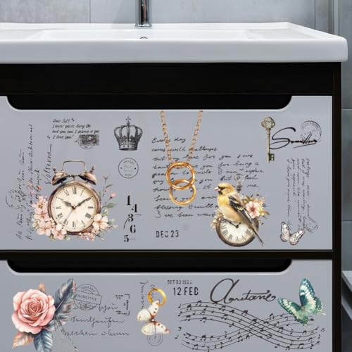 PLIGREAT 3 Sheets Retro Style Clocks Rub on Transfers for Crafts Flowers Birds Art Rub on Stickers for Furniture Wood Cabinet Ceramic Scrapbooking Decorative Transfer Stickers - style: Retro