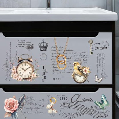 PLIGREAT 3 Sheets Retro Style Clocks Rub on Transfers for Crafts Flowers Birds Art Rub on Stickers for Furniture Wood Cabinet Ceramic Scrapbooking Decorative Transfer Stickers - style: Retro