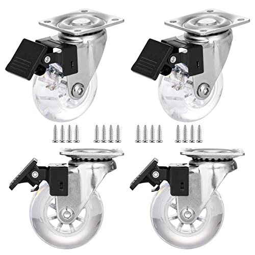 2" Caster Wheels Set of 4, Heavy Duty Casters with Brake, Crystal Clear Swivel Plate Castors, No Noise Locking Casters with Transparent Polyurethane (PU) Wheels (2 inch) - style: 2 inch