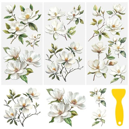 Magnolia Rub on Transfers Stickers, 3PCS Magnolia Flower Branch Furniture Transfers Stickers Decals for Bedroom Bedside Table Bookcase Wardrobe Desk Drawer Dresser - color: White Magnolia