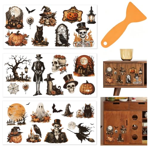 3 Sheets Halloween Rub on Transfers for Furniture Craft 6 x 12 Inch Furniture Transfers Decals Gothic Skull Pumpkins PVC Waterproof Decorative Sticker for Glass Wood Plastic Home Decor - color: Halloween