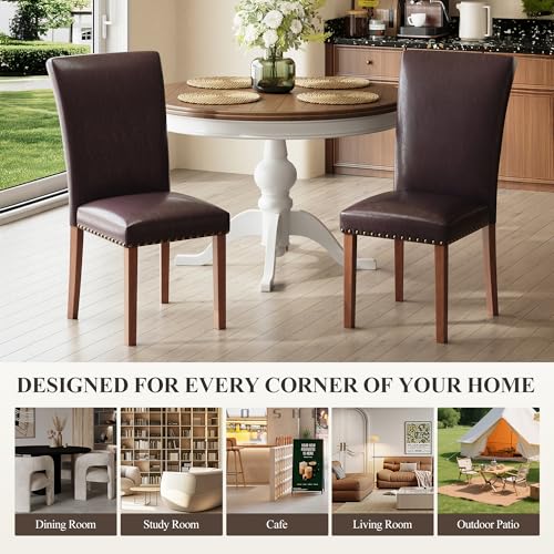 COLAMY Upholstered Parsons Dining Chairs Set of 4, PU Leather Dining Room Kitchen Side Chair with Nailhead Trim and Wood Legs - Dark Brown - color: L-darkbrown, size: Set of 4