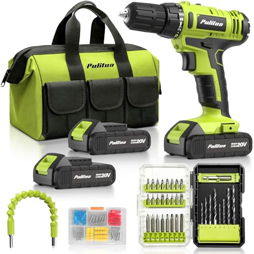 PULITUO 20V Max Cordless Drill/Driver Set with Storage Bag, 2 Batteries, 30Nm, 21+1 Torque, 2 Speed, Keyless 3/8" Chuck, LED Light, Electric Screwdriver Function, Home Kit (Green) - color: 20v Drill (Green)- Double‑bag
