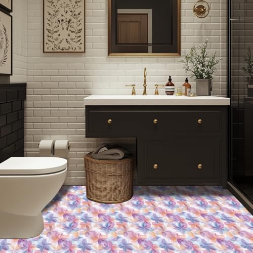 HOMETITUTE Purple Floral Petal Peel Stick Vinyl Floor Tile 12x12 Inch - style: Pastel Flower