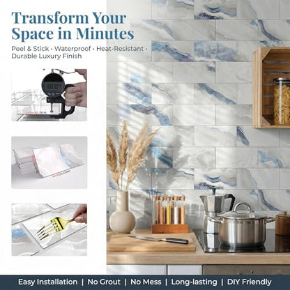 32 Sheets Blue Agate Marble Peel & Stick Subway Tile 4"x8" - color: Blue Agate Marble, size: 32 Pcs 4" x 8" x 0.07"