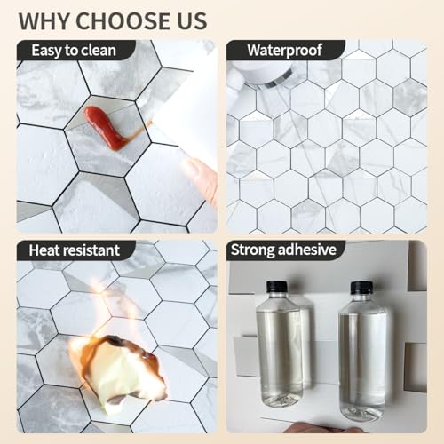 DICOFUN 1-Sheet White Hexagon Tile Peel and Stick Backsplash, Marble Look PVC Mixed Silver Metal Mosaic Tiles for Kitchen and Bathroom - color: White Marble + Silver Metal Chip, size: 1 Sheet, 12''x12''x0.12''