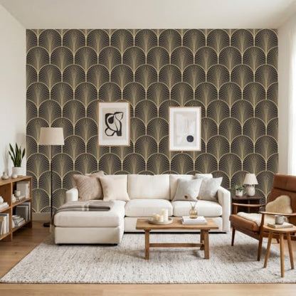Peel and Stick Wallpaper, Black and Gold Art Deco Fan Pattern, 236in x 17.7in, Waterproof Vinyl, Removable Reusable, Eco-Friendly, for Bedroom Living Room Rental Apartment - color: Dark1, size: 17.7" x 236.2"