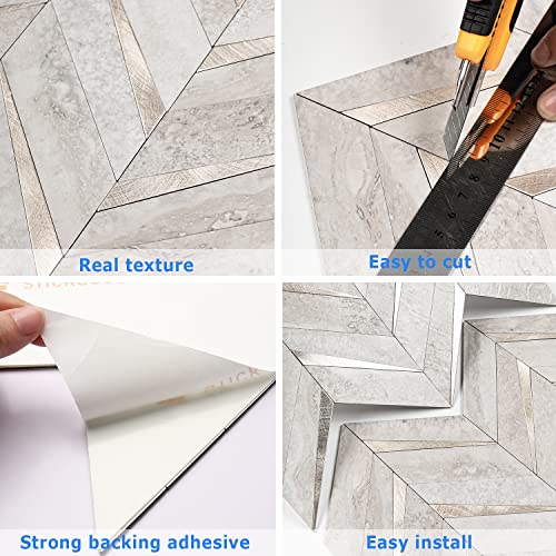 STICKGOO 10-Sheet Herringbone Tile Peel and Stick Backsplash, Beige Mixed Metal Gold PVC Stick on Backsplash, Self Adhesive Wall Tile for Kitchen and Bathroom - color: Grayish Beige Mixed Metal Gold