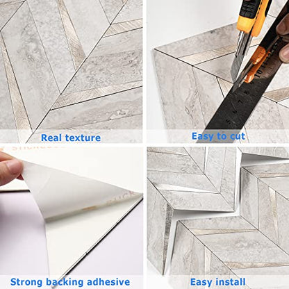 STICKGOO 10-Sheet Herringbone Tile Peel and Stick Backsplash, Beige Mixed Metal Gold PVC Stick on Backsplash, Self Adhesive Wall Tile for Kitchen and Bathroom - color: Grayish Beige Mixed Metal Gold