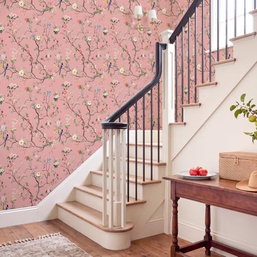 CHIHUT Blush Pink Chinoiserie Bird Floral Peel and Stick Wallpaper - color: Blush Pink, size: 17.7" x 236"