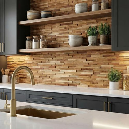Bare Decor EZ-Wall 3D Mosaic Tile in Solid Teak Wood, Set of 10 Natural Finish Tiles - size: 10 sq ft