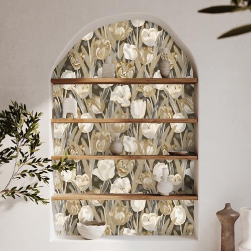 Tulip Retro Flower Wallpaper，17.71 "x 118.1" Golden Aesthetic Contact Paper Waterproof Vinyl Wallpaper for Kitchen Backsplash Bathroom Cabinet - color: flower-07, size: 17.7" x 118.1"
